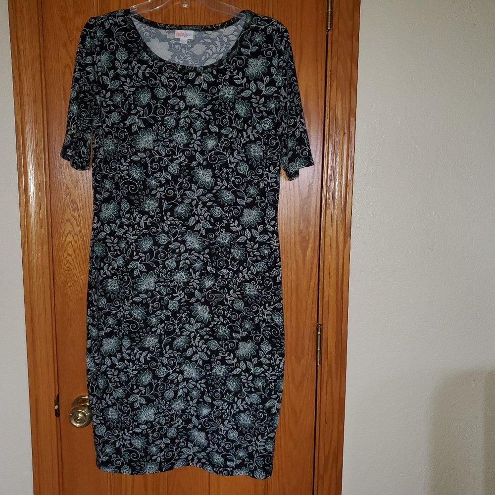 LuLaRoe Julia dress - black with teal stripes - Size L